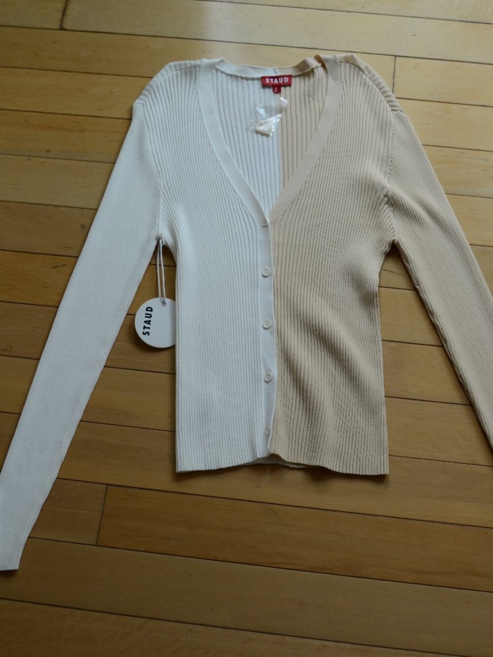 STAUD Cargo Colorblock Ribbed-Knit Cardigan in White / Beige Size L NWT